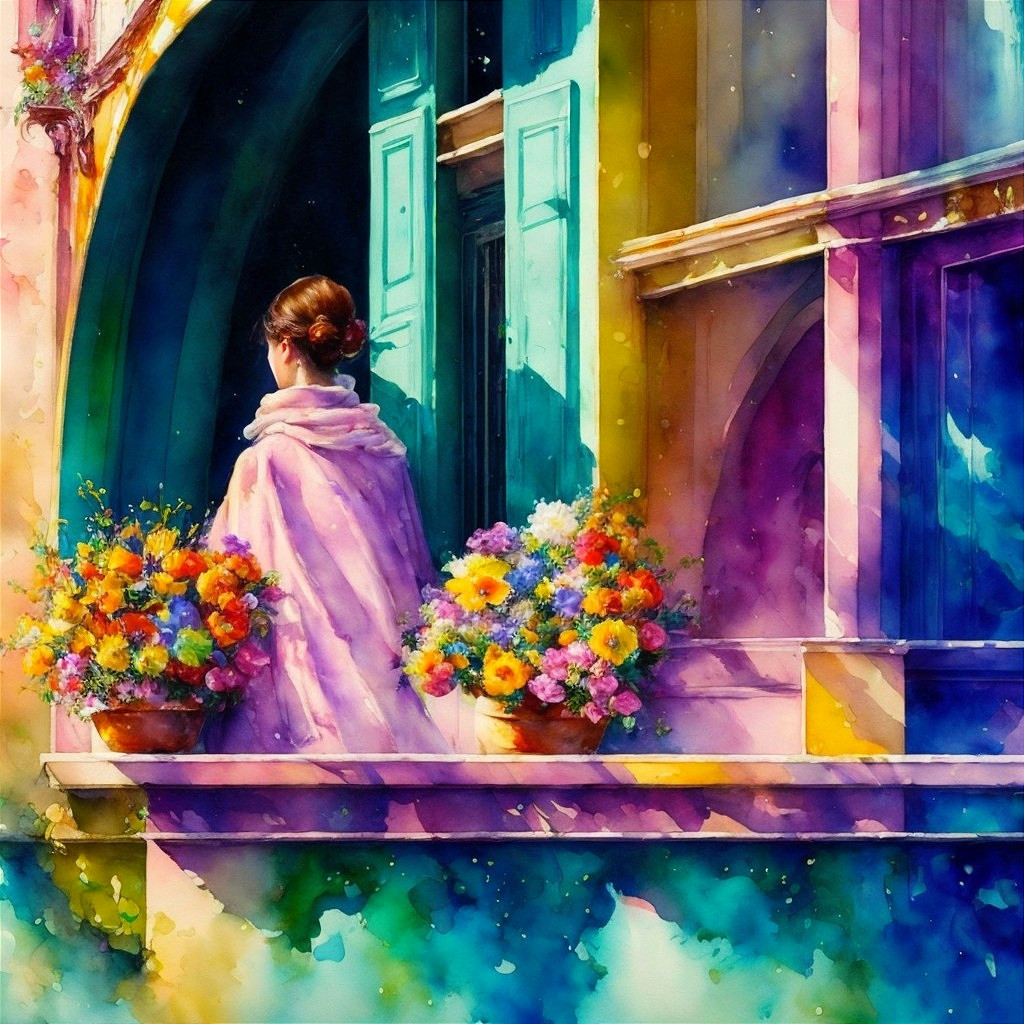 Woman in Lavender Shawl on Colorful Balcony Scene