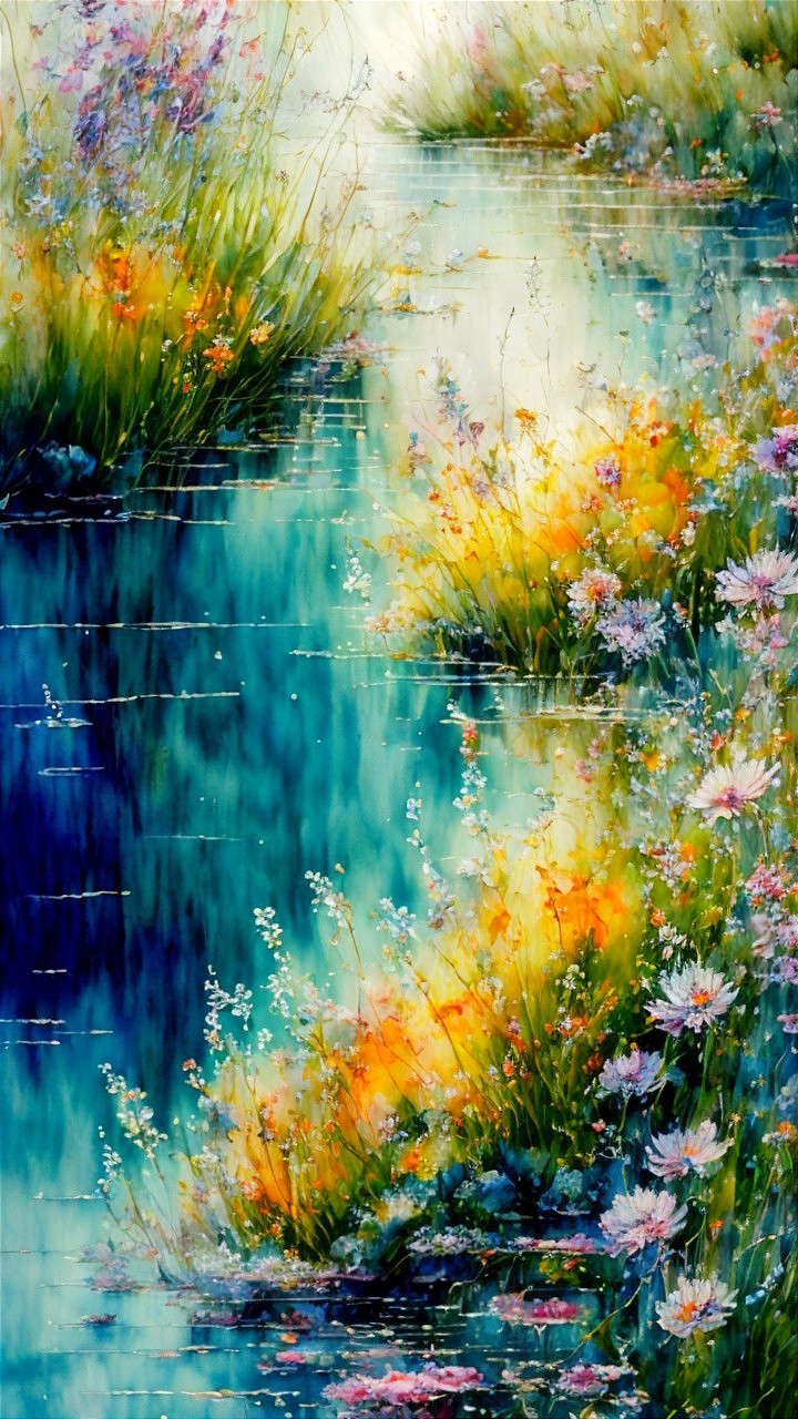 Tranquil Waterway with Wildflowers and Lush Greenery