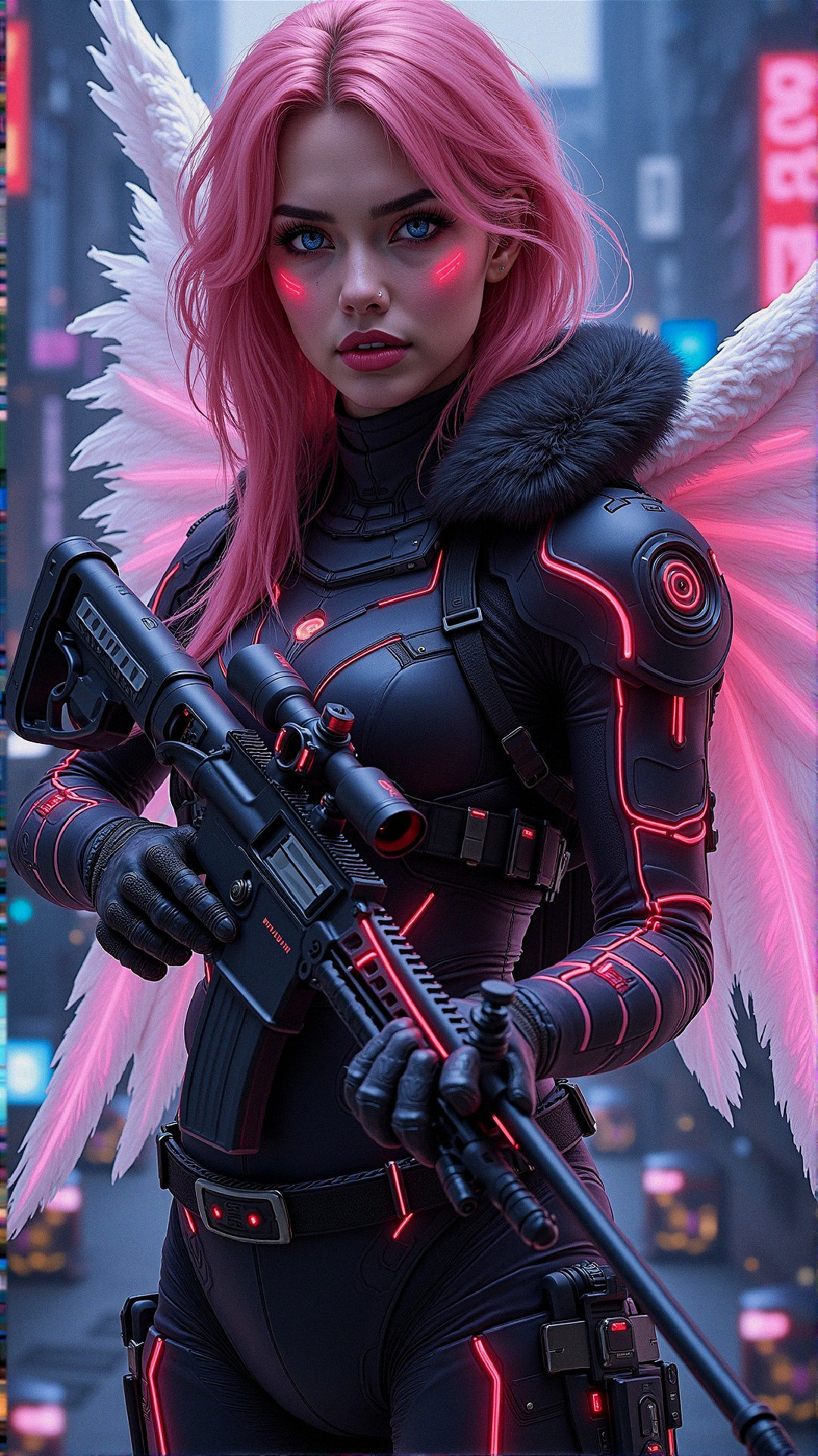Futuristic warrior in black suit with pink accents