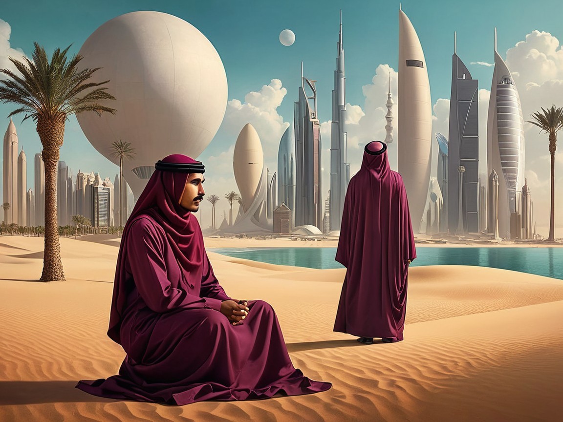 Futuristic Desert Landscape with Skyscrapers and Figures