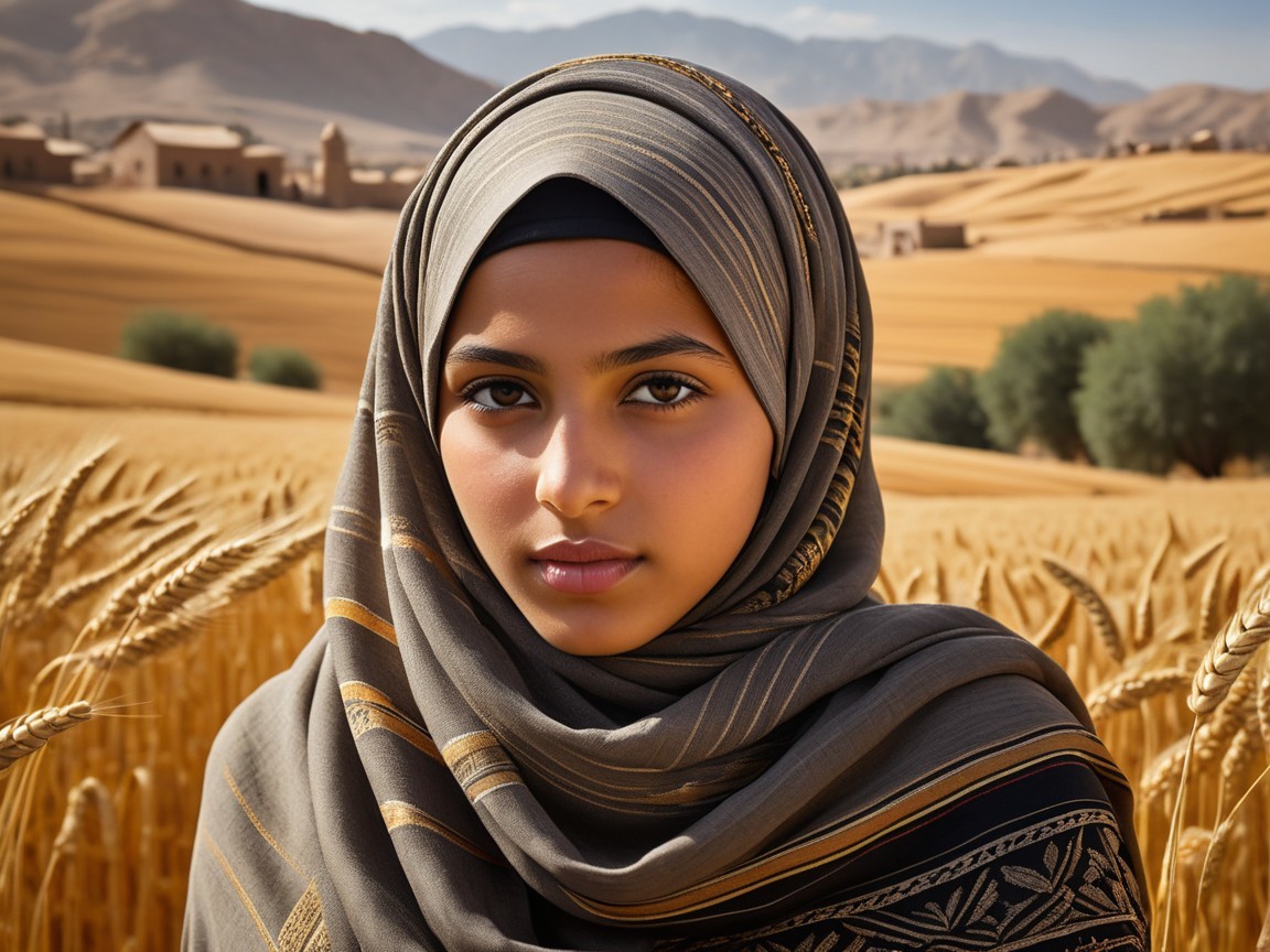 Young Woman in Wheat Fields with Patterned Hijab