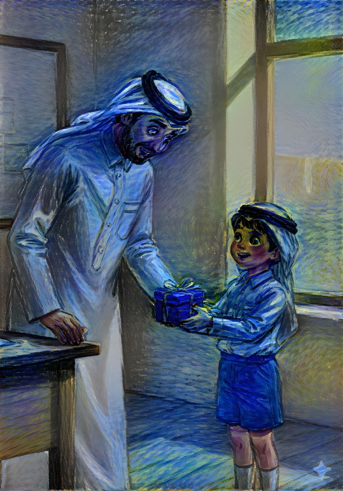 Man in Traditional Attire Gifts Boy in Sunlit Room