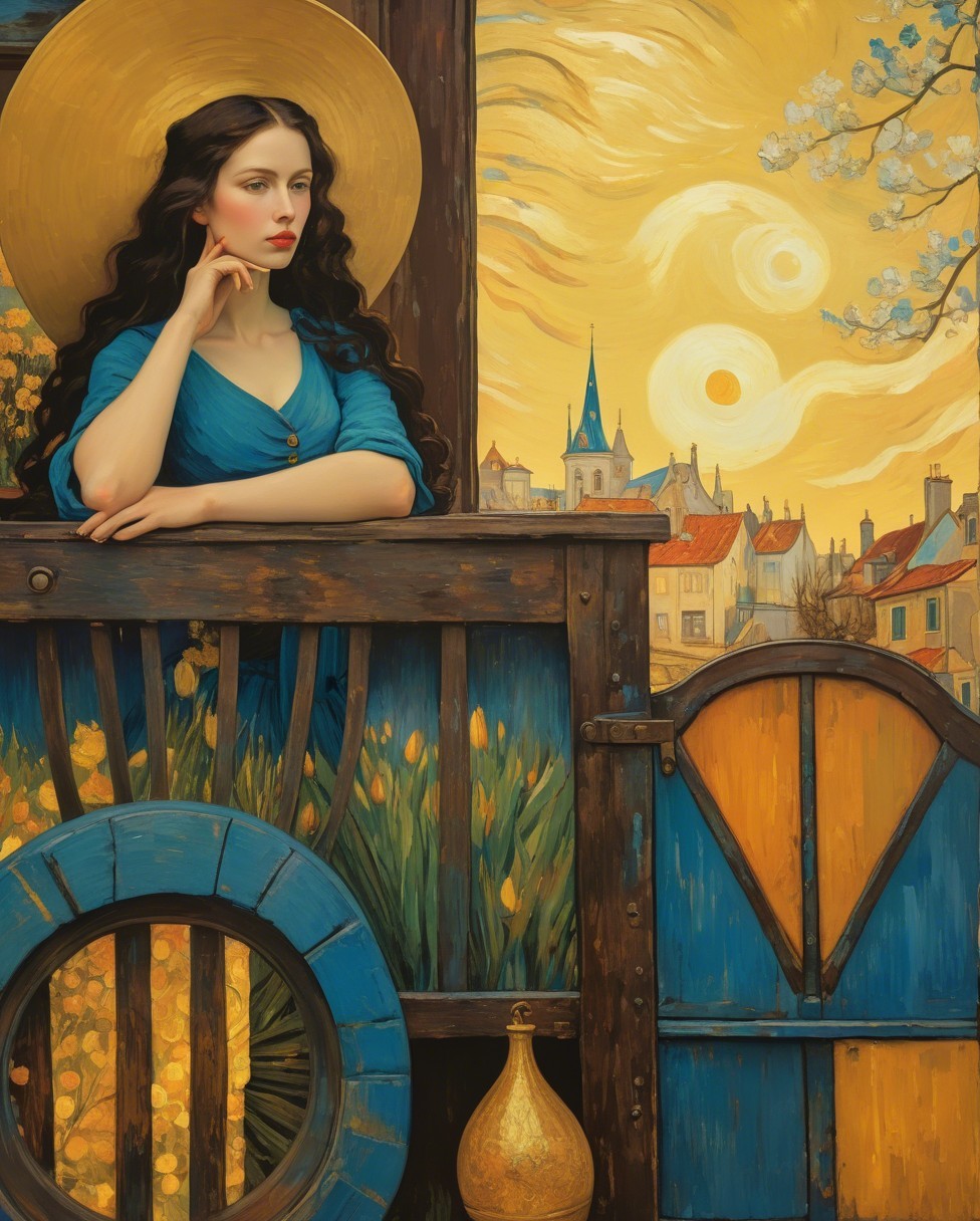 Woman in Blue Gown on Balcony with Vibrant Landscape