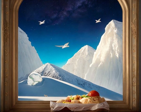 Snow-Capped Mountains and Culinary Platter View