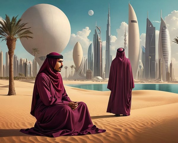 Futuristic Desert Landscape with Skyscrapers and Figures