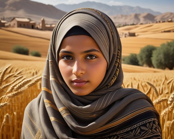 Young Woman in Wheat Fields with Patterned Hijab