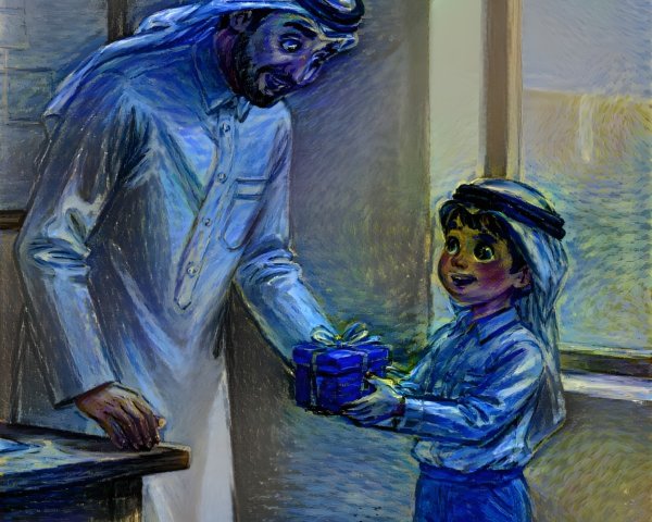 Man in Traditional Attire Gifts Boy in Sunlit Room