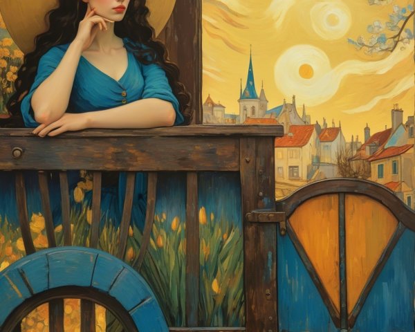 Woman in Blue Gown on Balcony with Vibrant Landscape