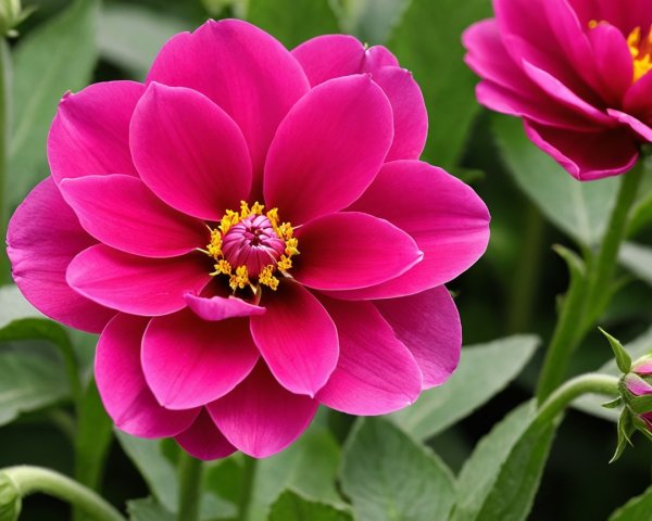 Vibrant Pink Flower with Yellow Stamens and Green Leaves