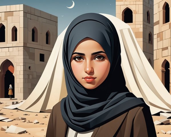 Young Woman in Hijab Amidst Historic Arid Landscape