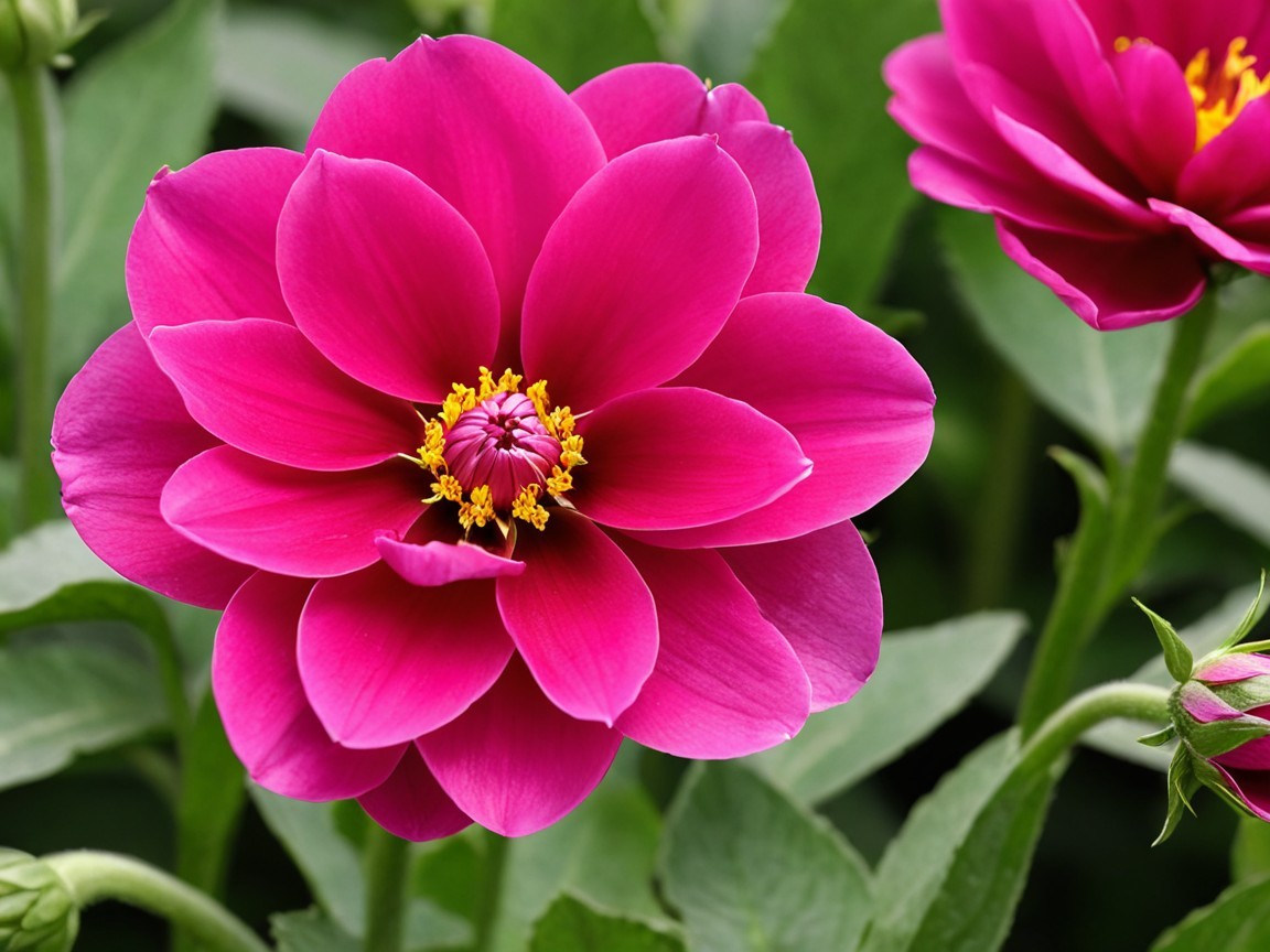 Vibrant Pink Flower with Yellow Stamens and Green Leaves