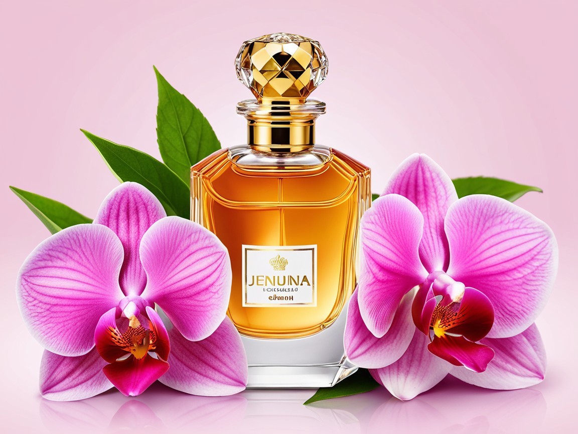 Luxurious Perfume Bottle with Pink Orchids Background