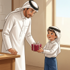 Man in Traditional Attire Gifts Boy in Sunlit Room