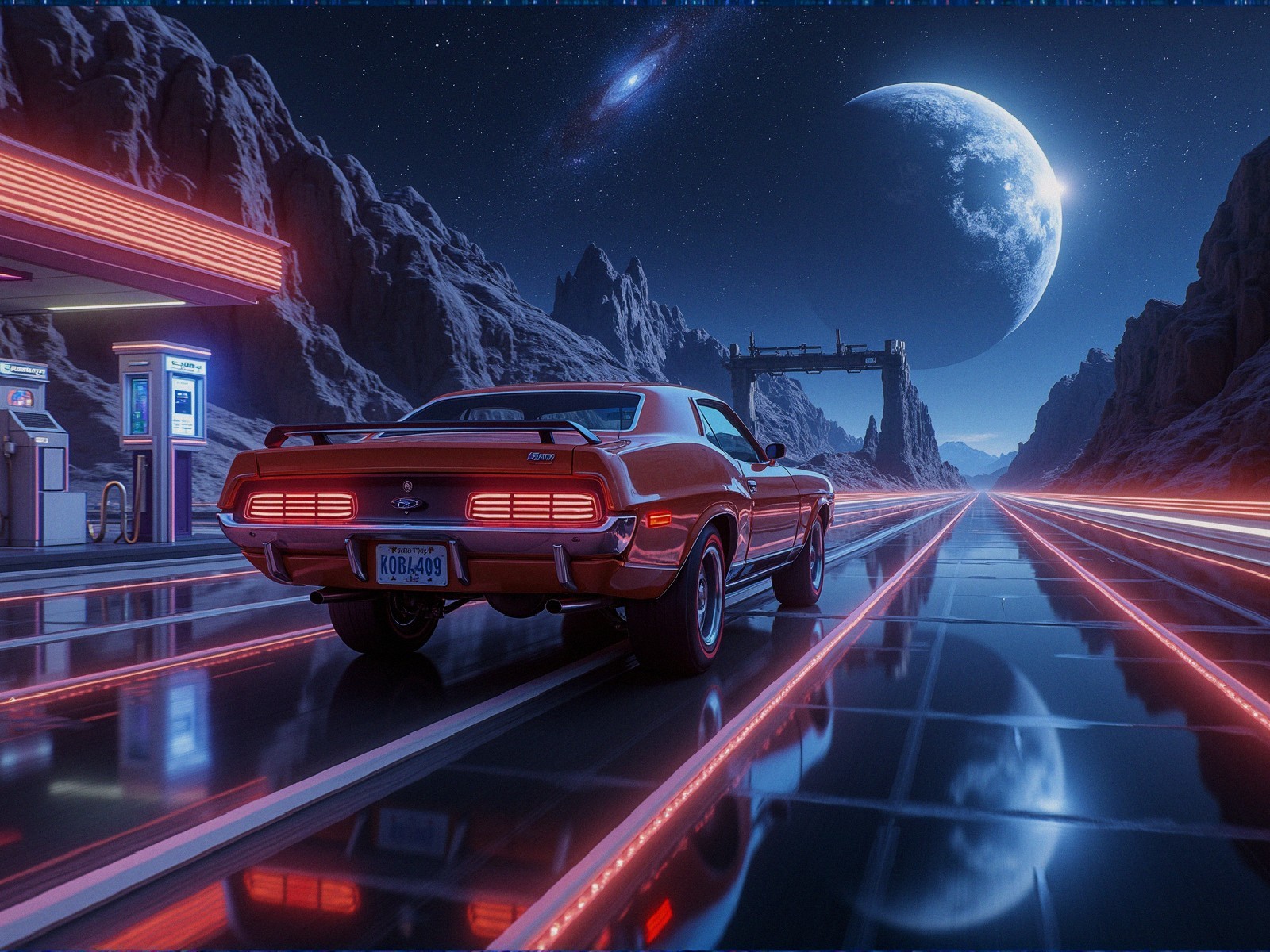 Retro Car at Futuristic Gas Station in Cosmic Landscape