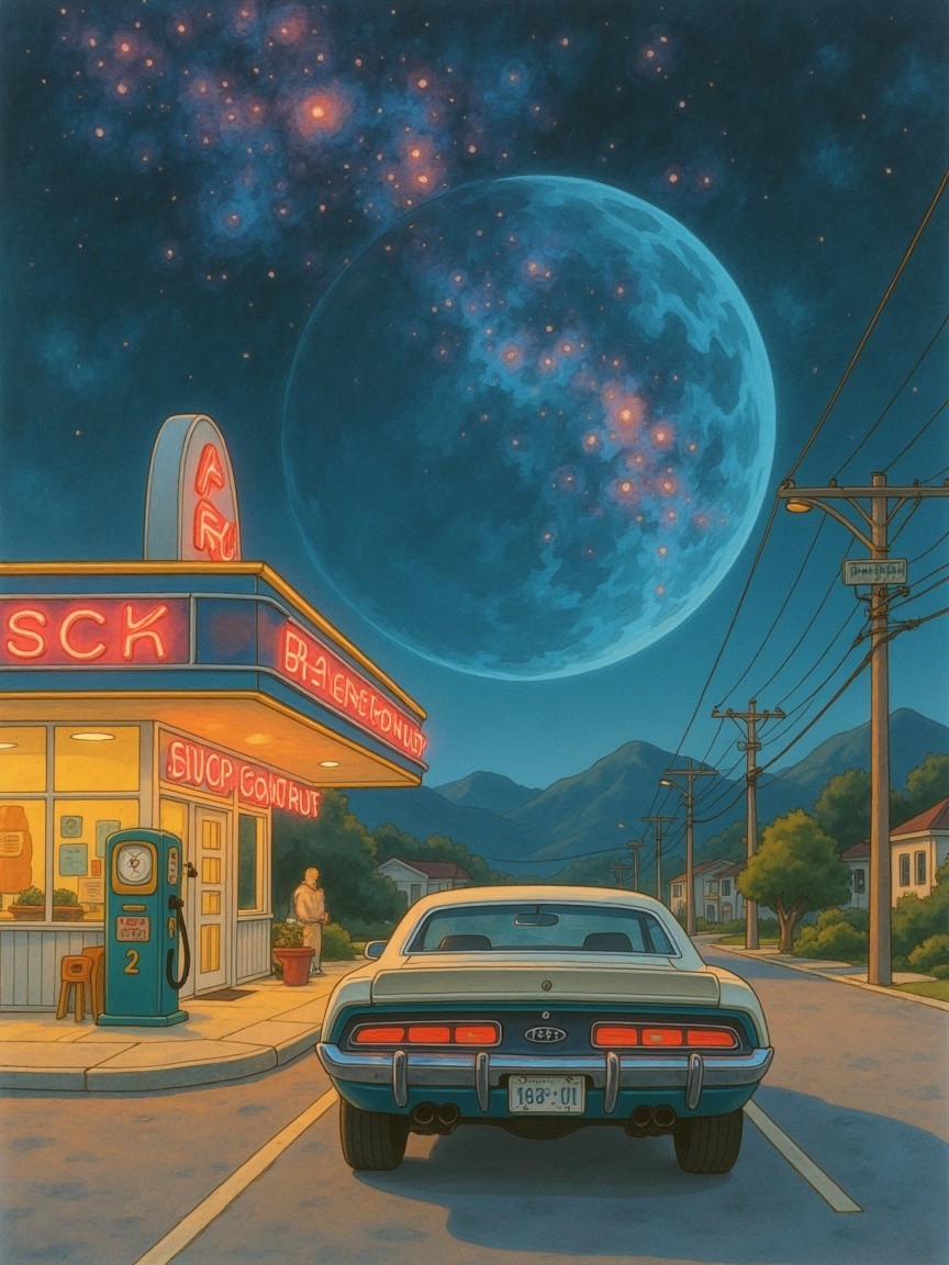Classic Car at Retro Diner Under Moonlit Sky