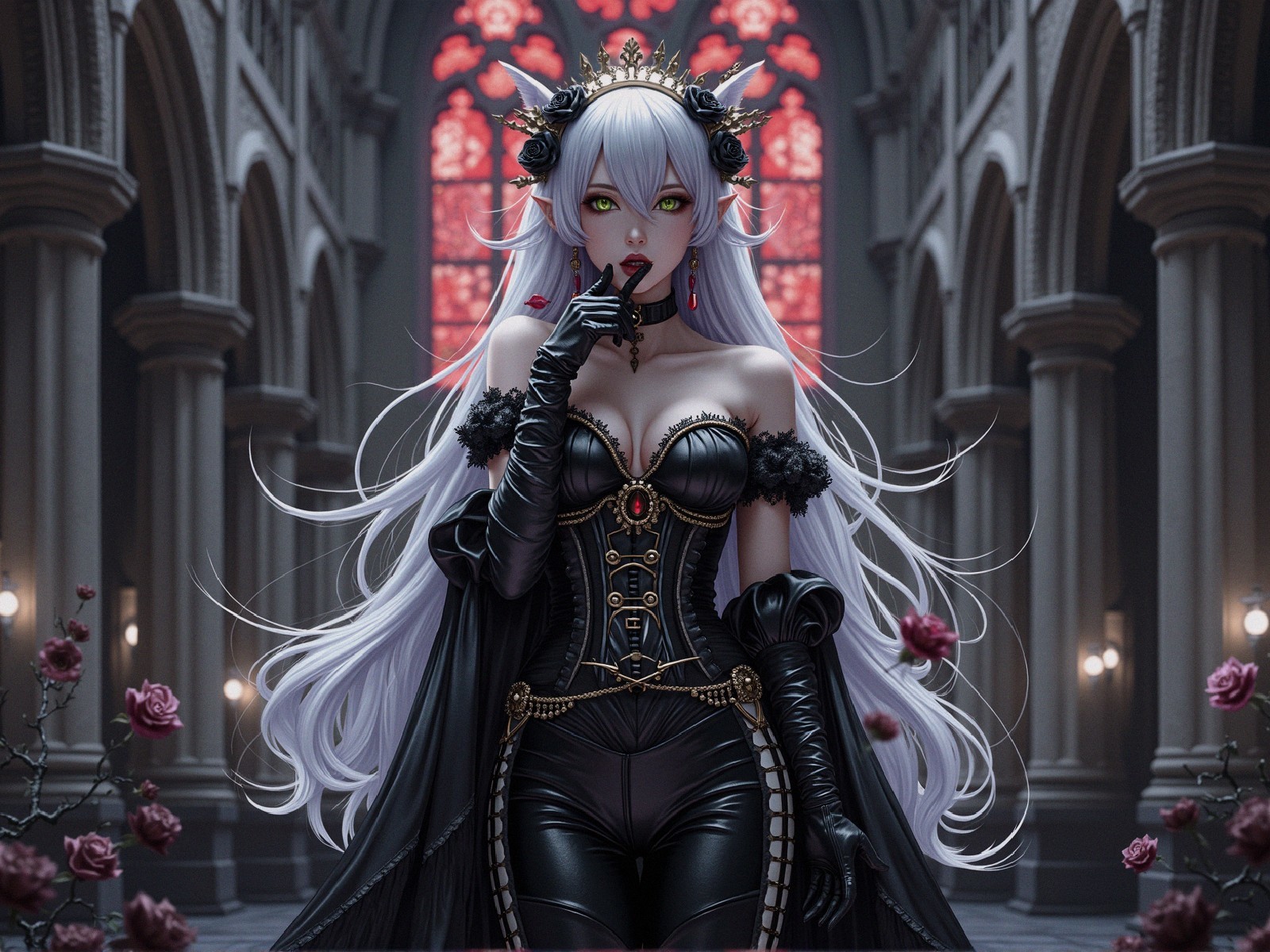 Gothic Figure in Opulent Setting with Dark Roses