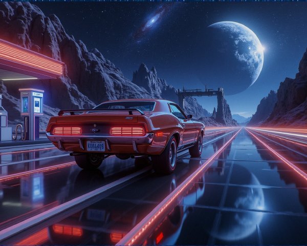 Retro Car at Futuristic Gas Station in Cosmic Landscape