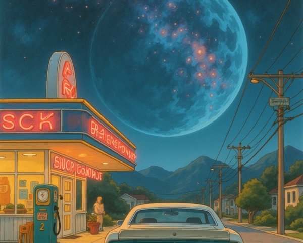 Classic Car at Retro Diner Under Moonlit Sky