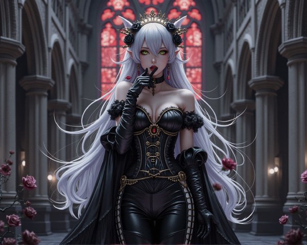 Gothic Figure in Opulent Setting with Dark Roses