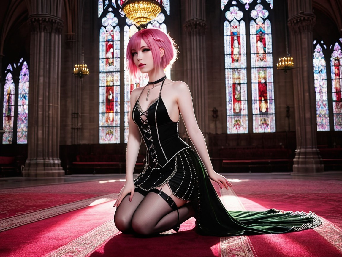 Character in Black Corset Dress in Grand Cathedral