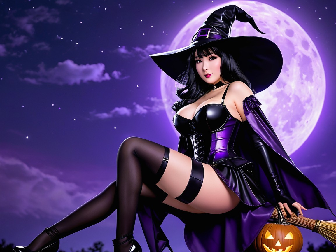 Elegant Witch on Broomstick with Full Moon Background
