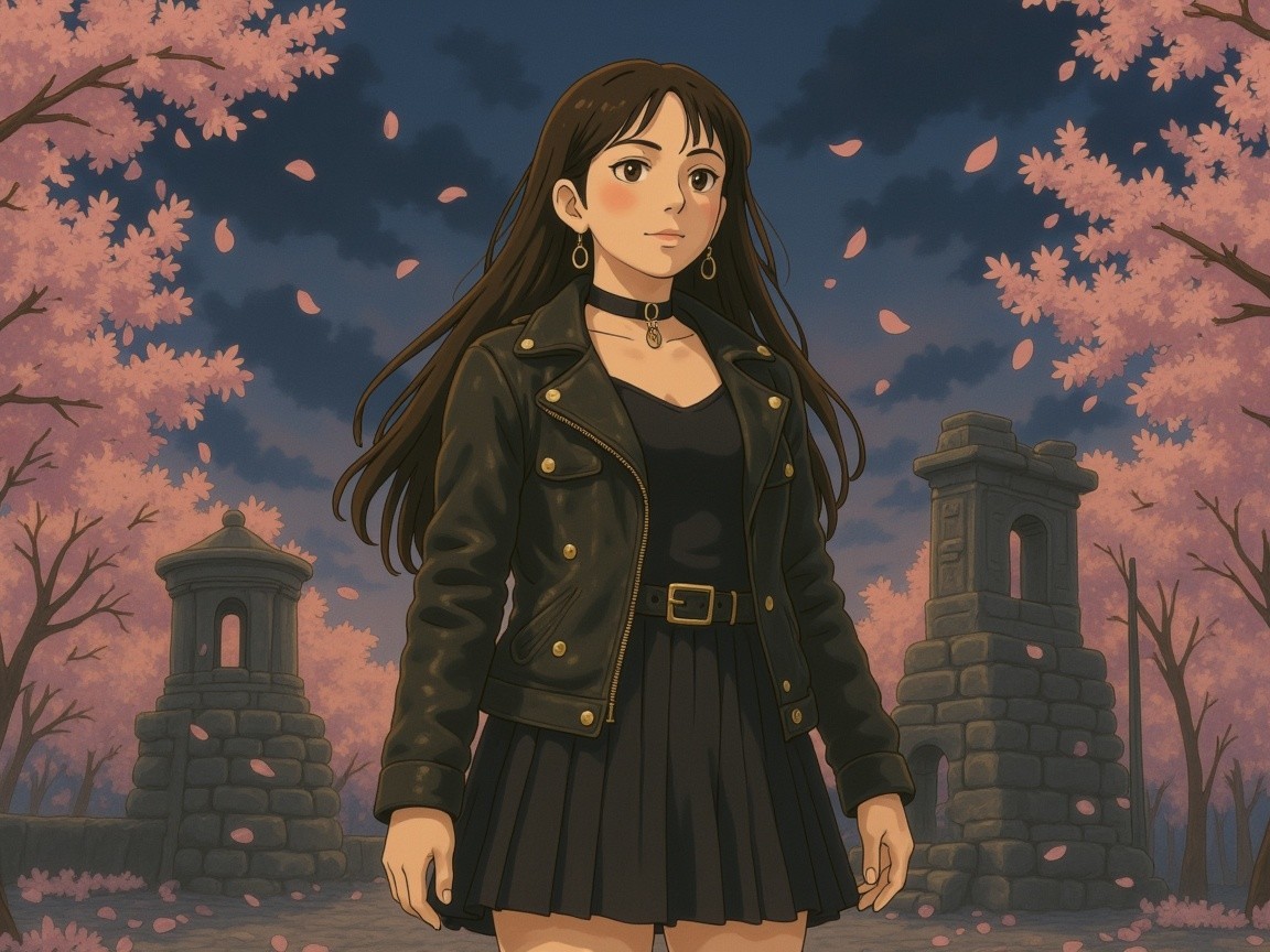 Young woman in cherry blossom landscape with stone structures