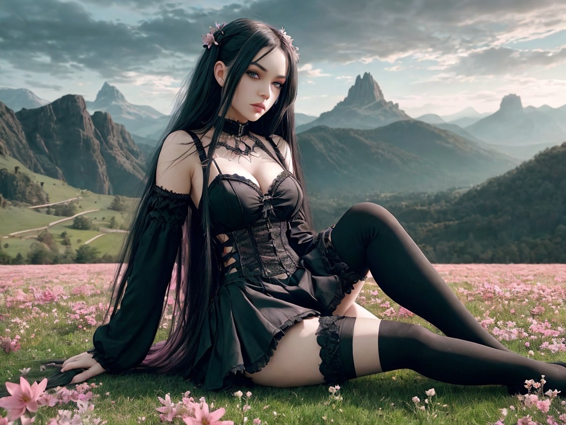 Graceful figure in vibrant meadow with pink flowers