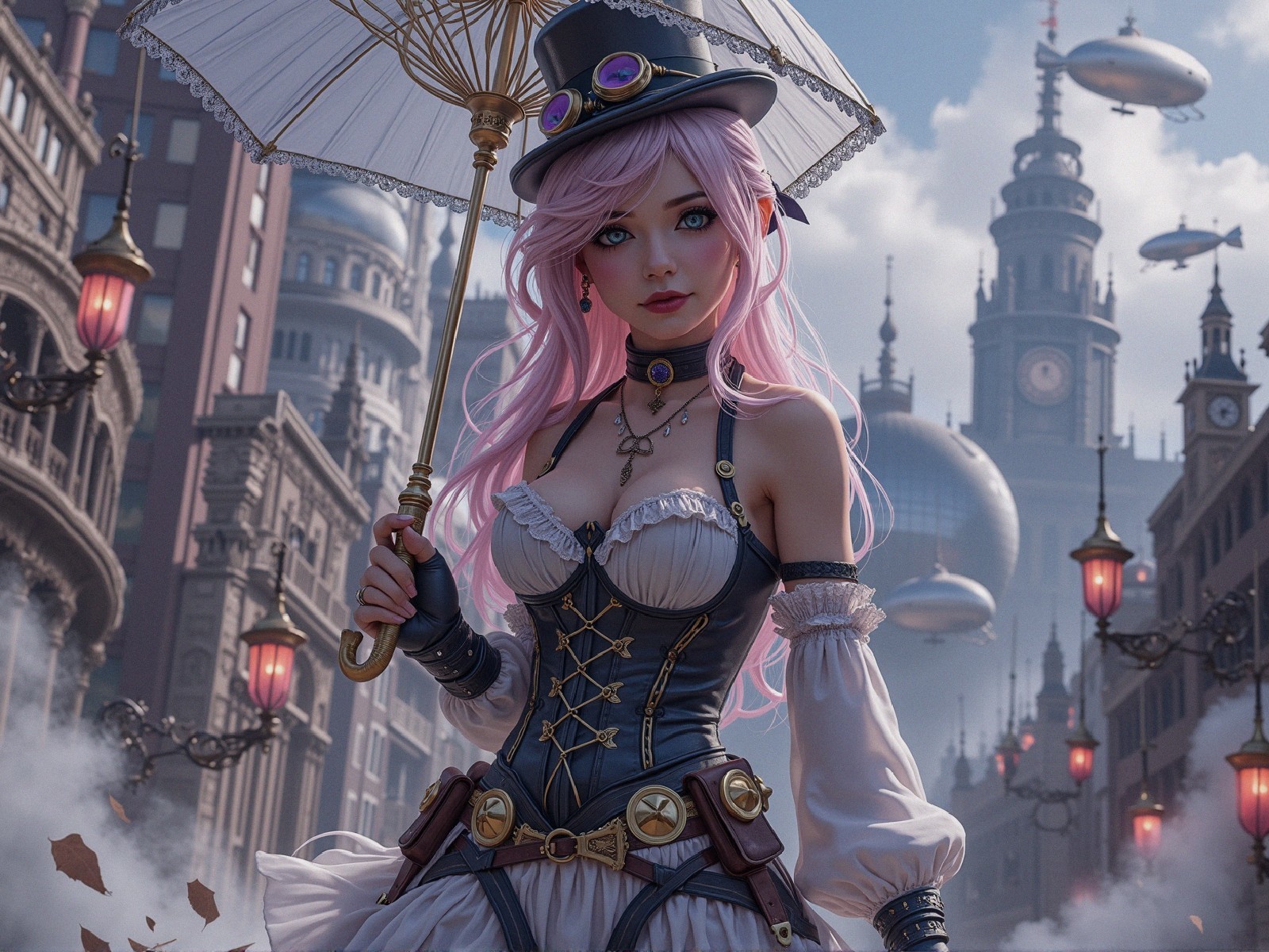 Steampunk Character in Vibrant Cityscape with Airships