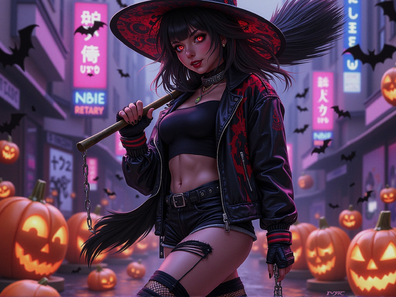 Witch in Urban Setting with Halloween Elements