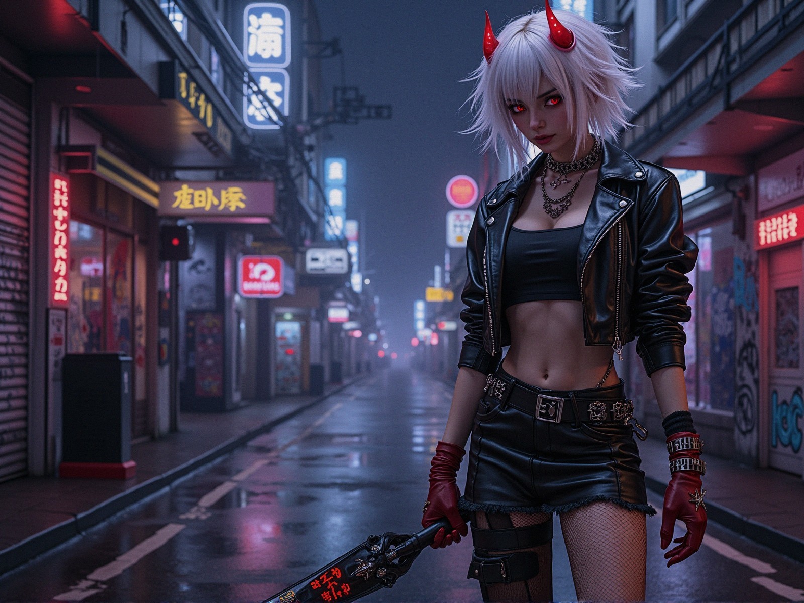 Confident Figure in Urban Alley with Chainsaw
