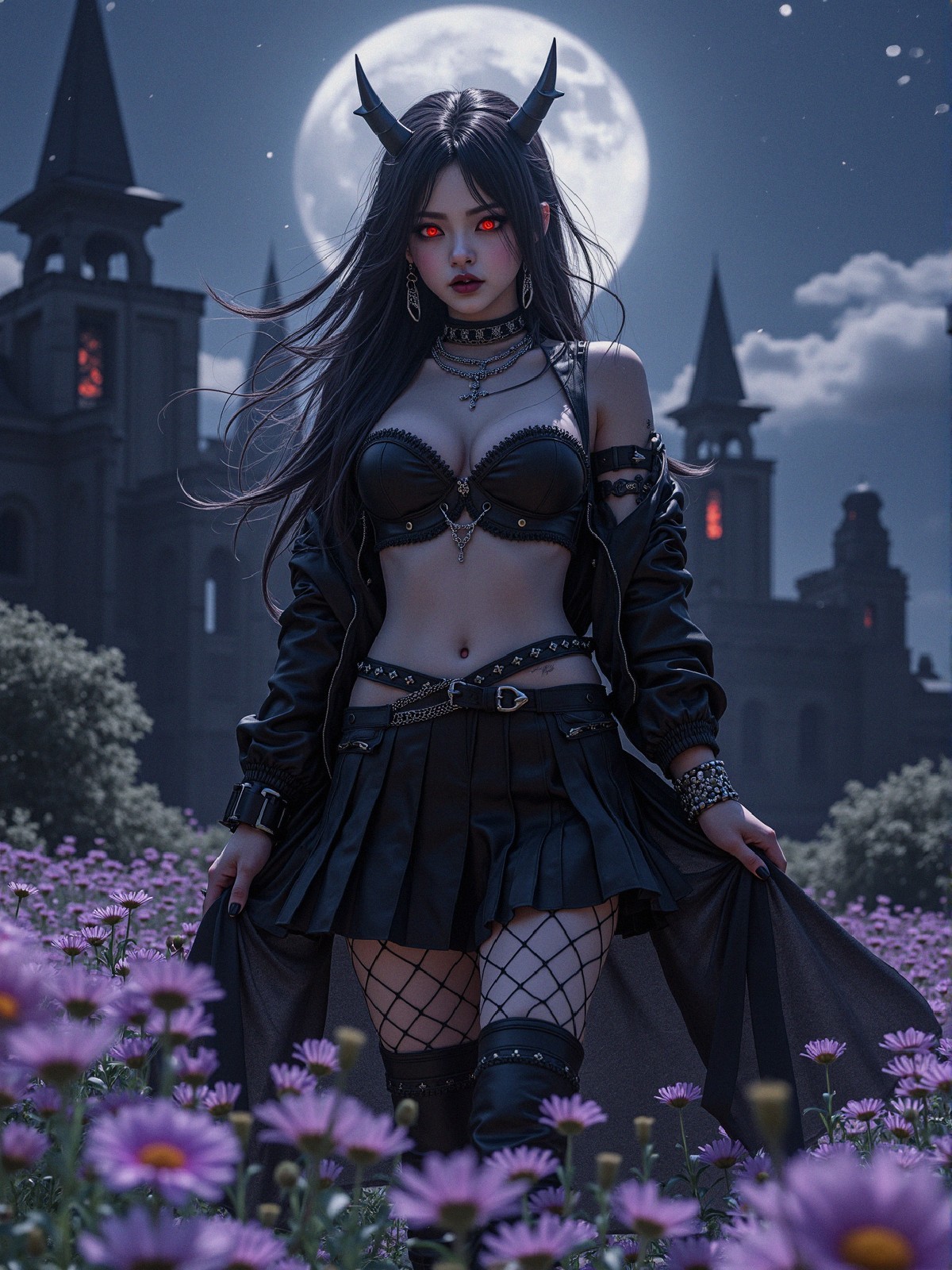 Enigmatic Figure in Daisies Under Full Moonlight