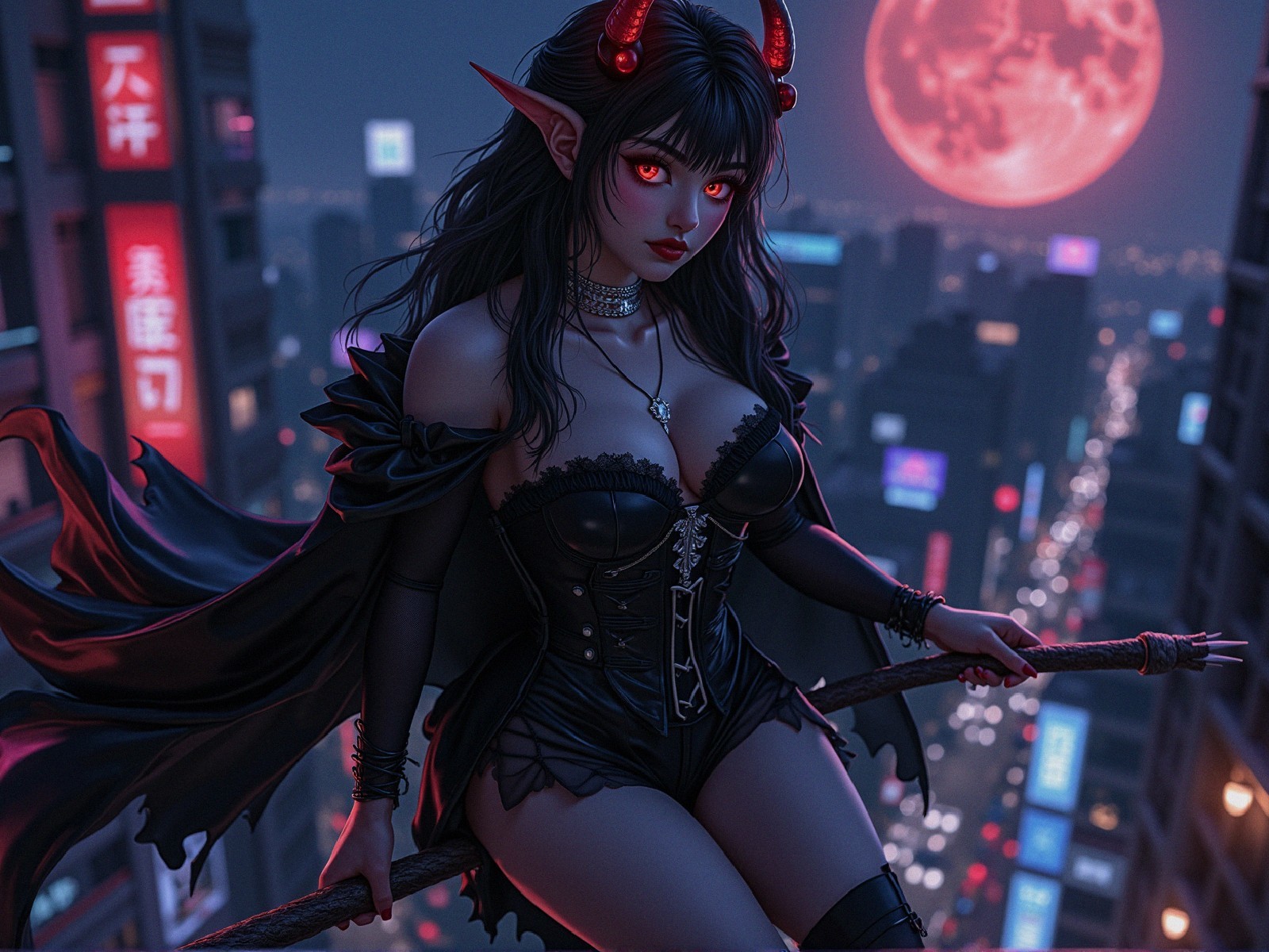 Figure in Black Costume Against Neon Cityscape at Night