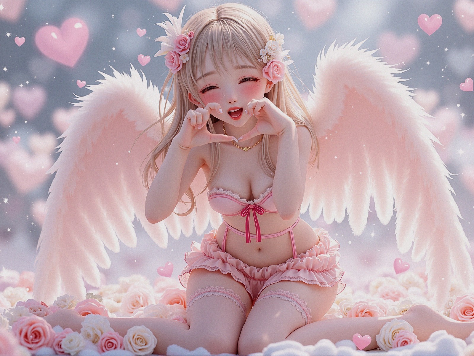 Cherubic Character Surrounded by Pink Roses and Hearts
