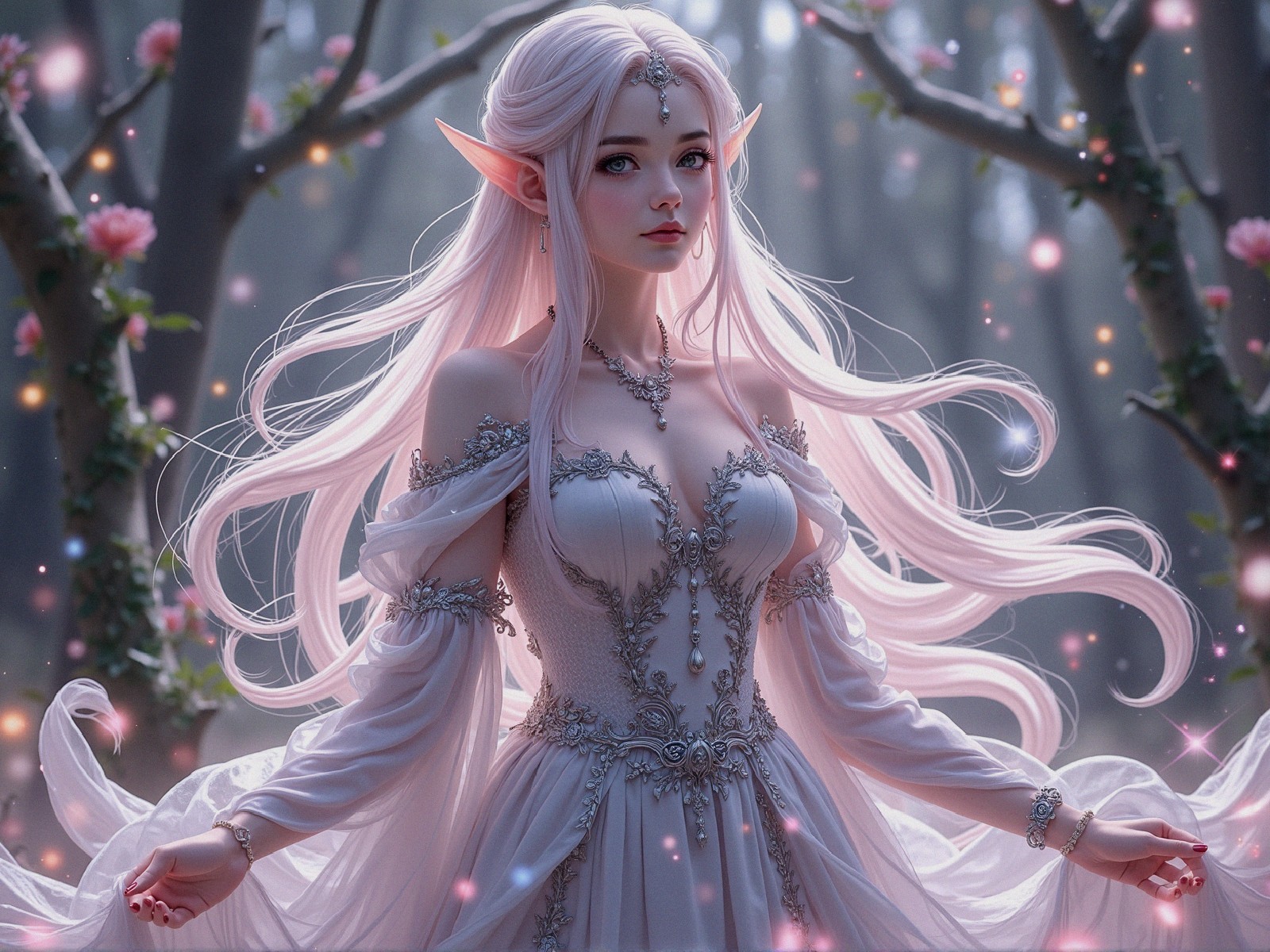 Elf Maiden in Mystical Forest with Ethereal Gown