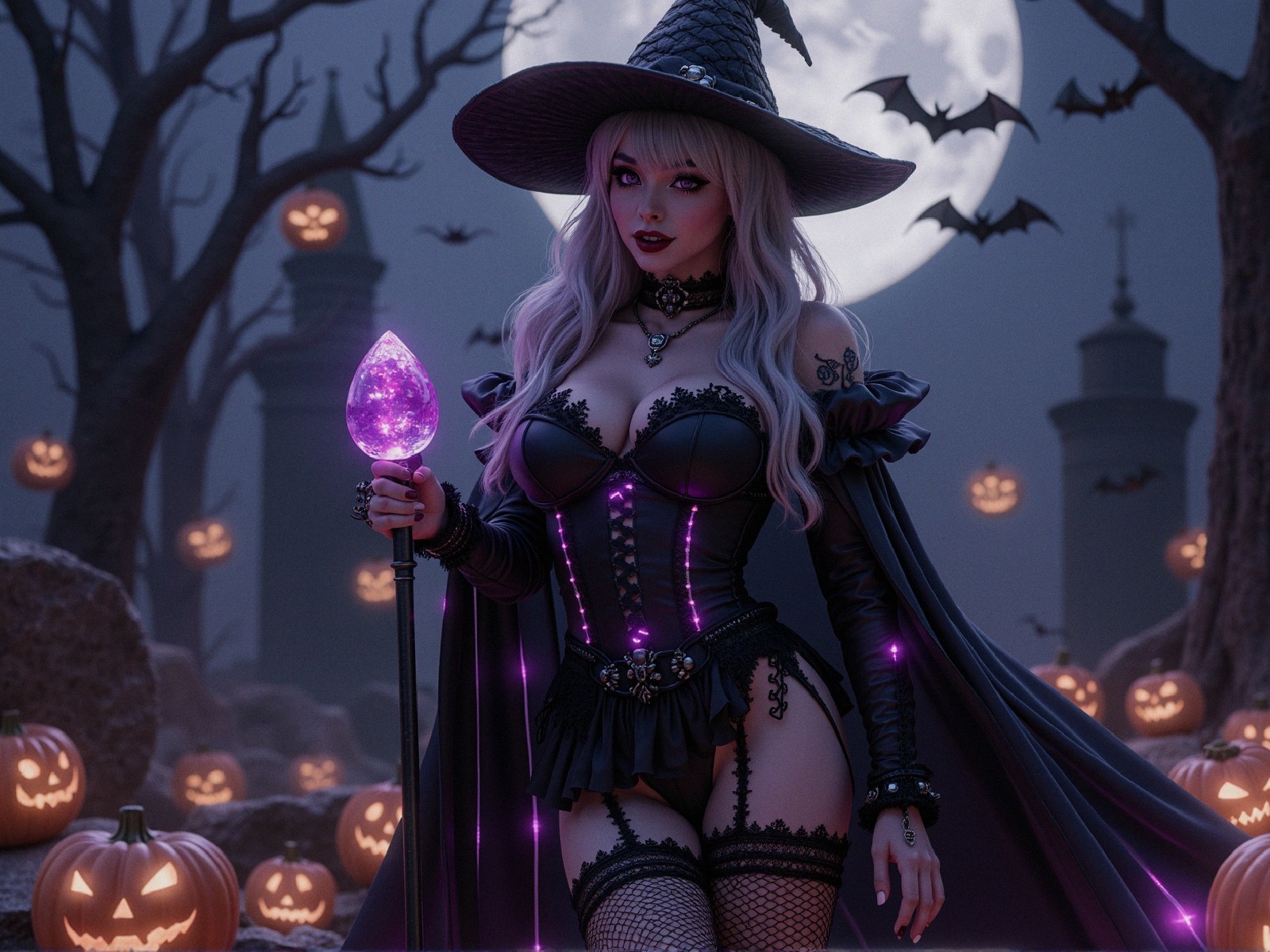 Witch in Moonlit Graveyard with Glowing Pumpkins