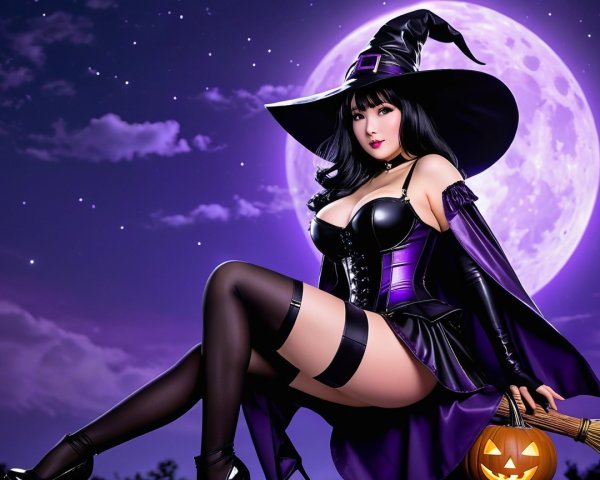 Elegant Witch on Broomstick with Full Moon Background
