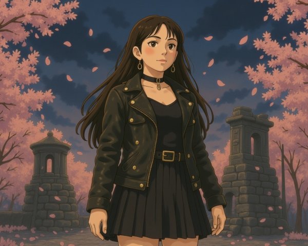 Young woman in cherry blossom landscape with stone structures