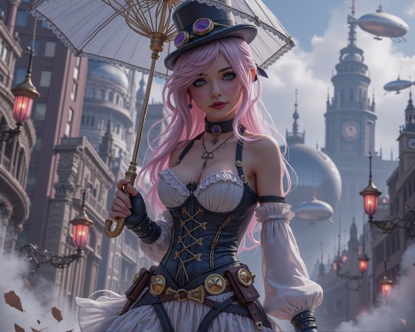 Steampunk Character in Vibrant Cityscape with Airships
