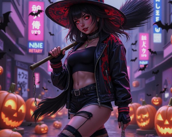 Witch in Urban Setting with Halloween Elements