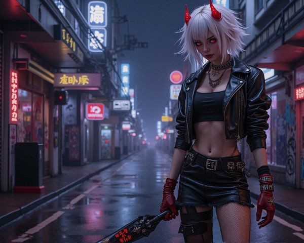 Confident Figure in Urban Alley with Chainsaw