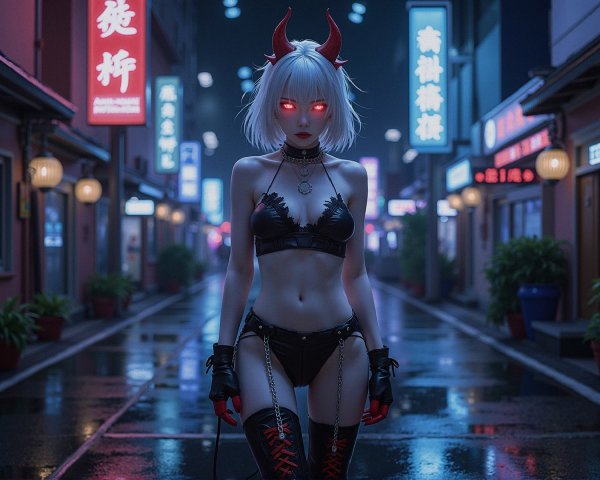 Confident Figure in Neon-Lit Street with Red Horns