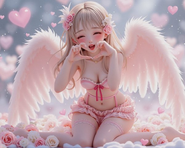 Cherubic Character Surrounded by Pink Roses and Hearts