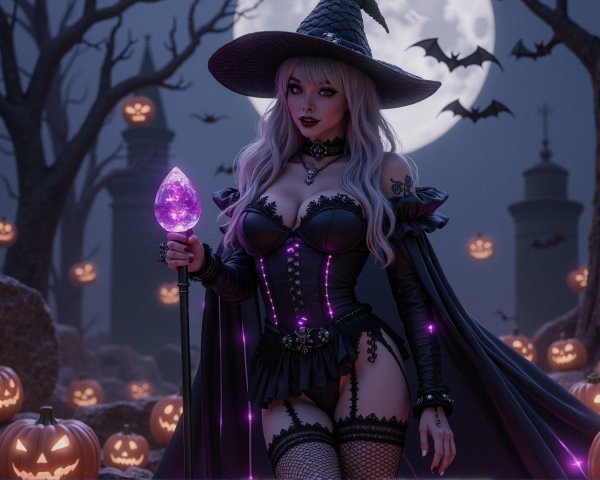 Witch in Moonlit Graveyard with Glowing Pumpkins