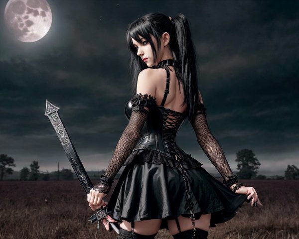 Moonlit Figure in Black Dress with Sword and Trees