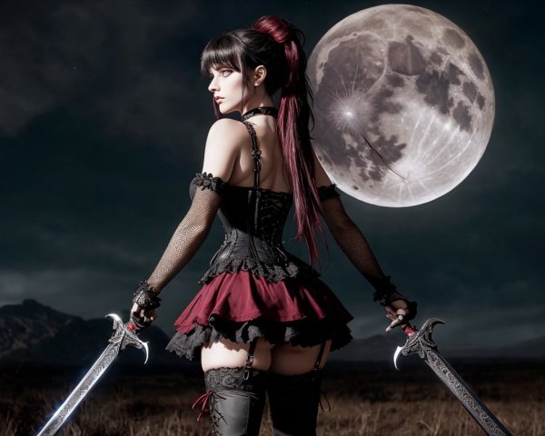 Victorian figure with swords under a glowing moon
