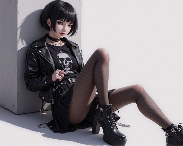 Stylish Young Woman in Punk-Chic Fashion Against White Backdrop