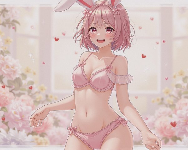 Cheerful character in pink lingerie with bunny ears