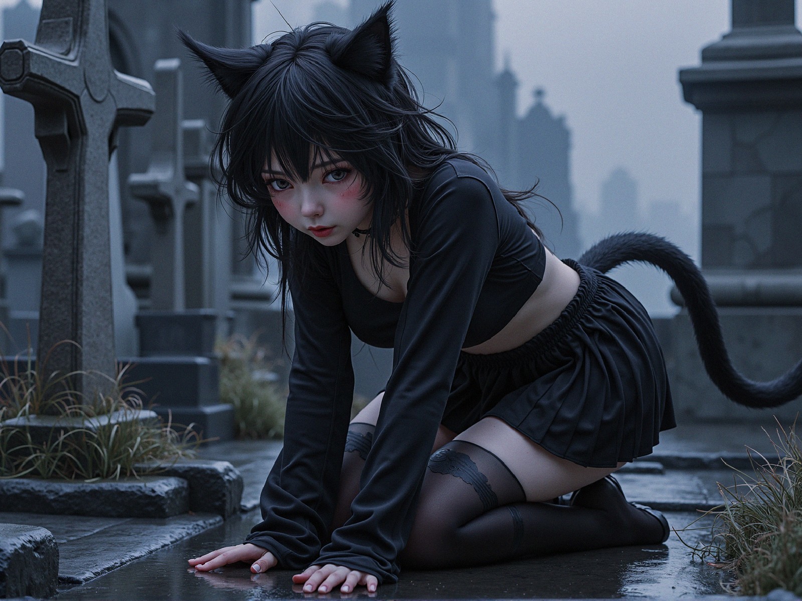 Character with Cat-Like Features in Misty Graveyard