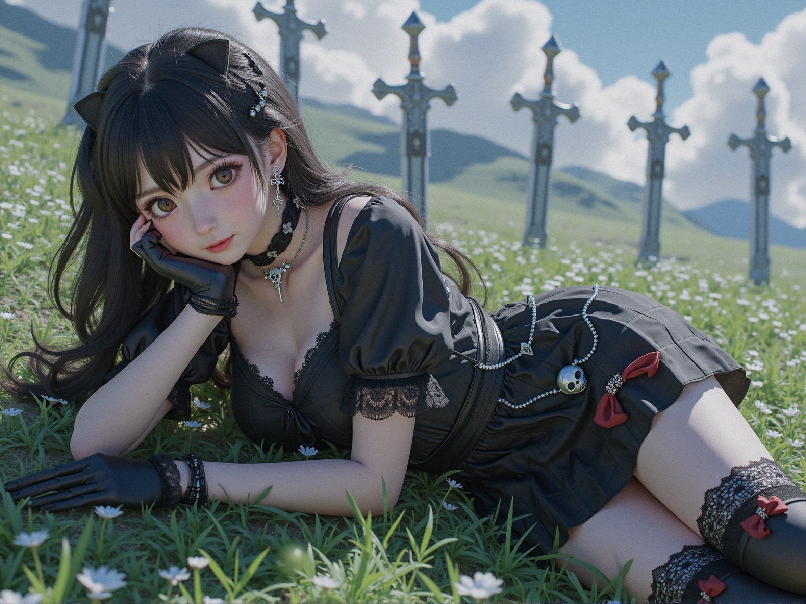 Whimsical Character in Grassy Field with Flowers and Swords