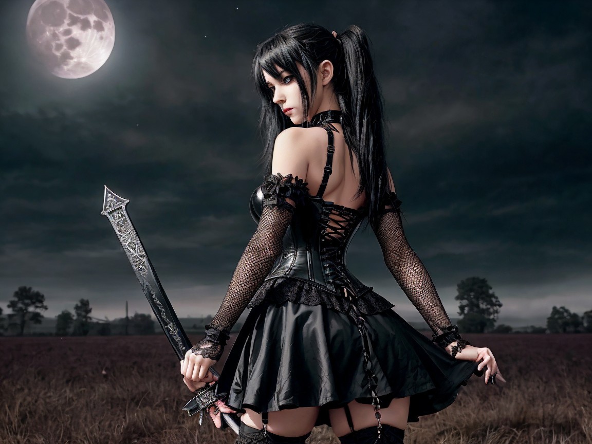 Moonlit Figure in Black Dress with Sword and Trees